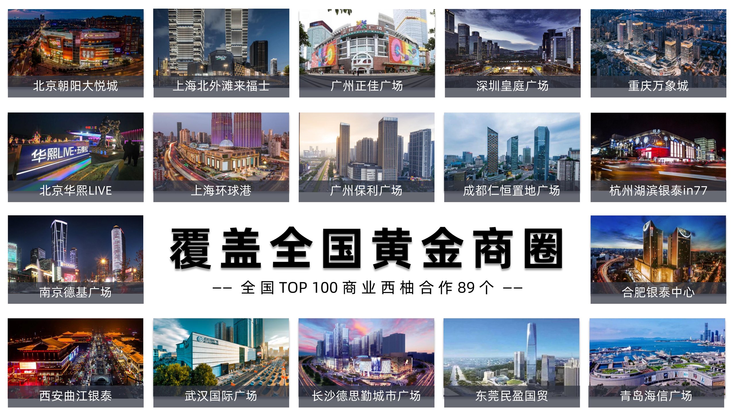 覆盖全国黄金商圈 · 全国 TOP100 商业合作 89 个
